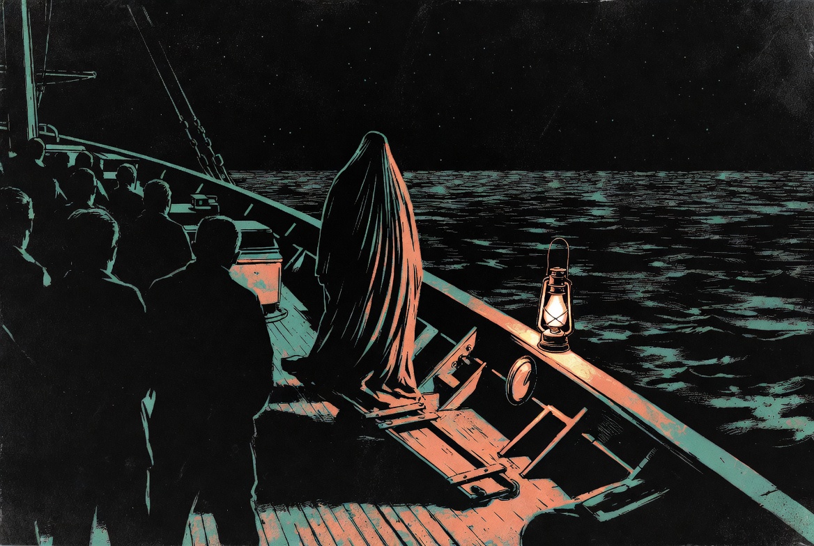Ilustrasi pelarungan jenazah dari kapal pada malam hari, digambarkan dengan sangat terkendali