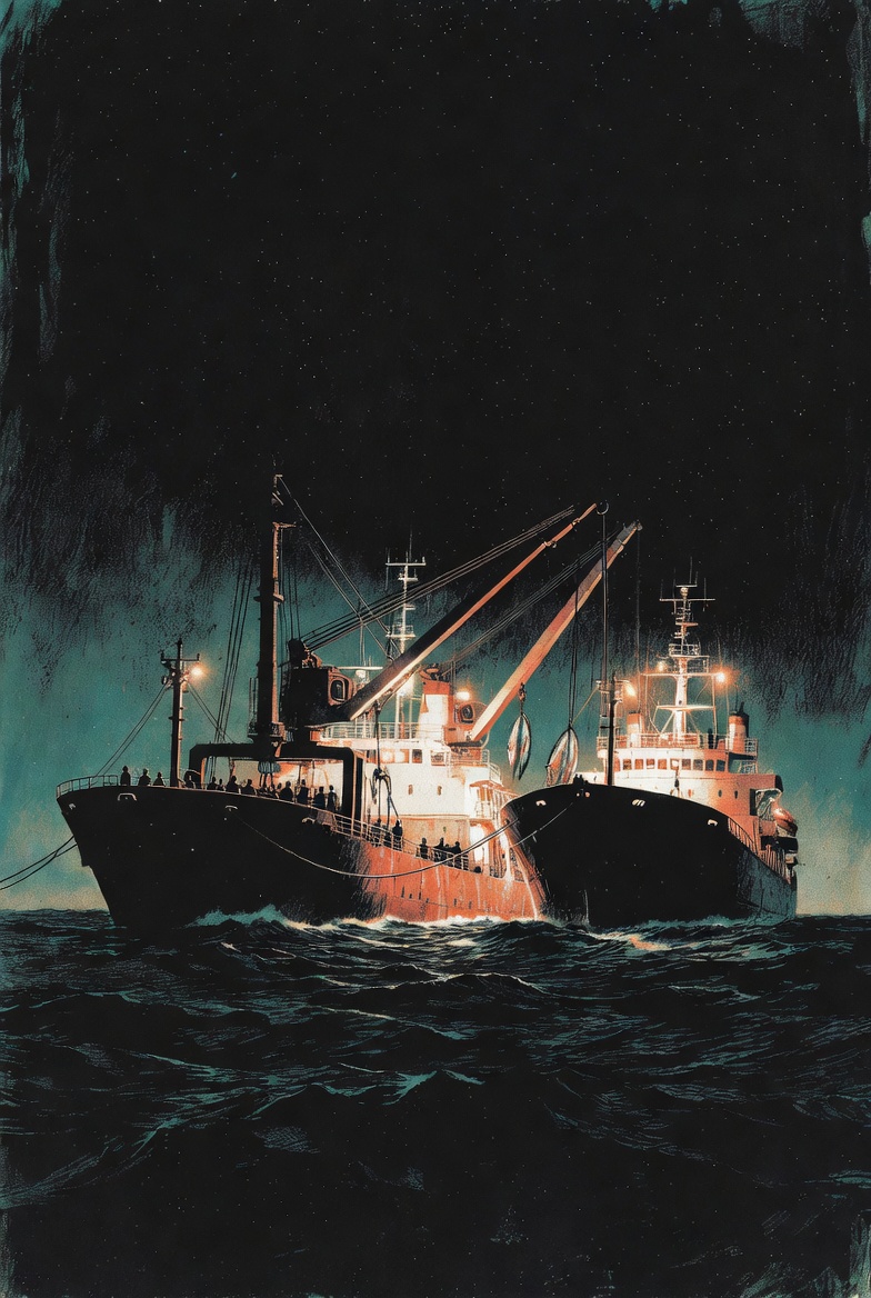 Ilustrasi dua kapal merapat di tengah laut memindahkan tuna beku pada malam hari