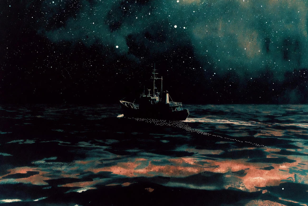 Ilustrasi kapal ikan berlayar gelap tanpa lampu di laut malam, dilihat dari atas