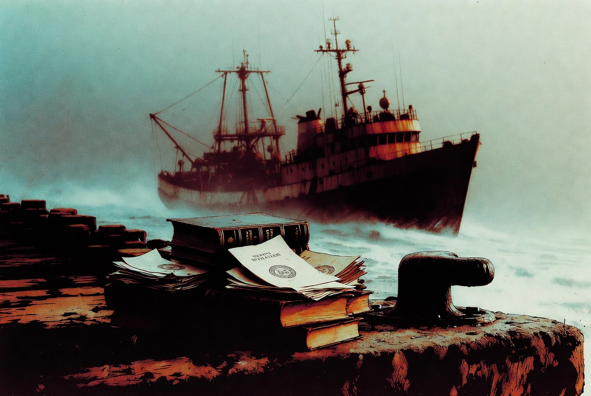 Ilustrasi tumpukan buku hukum di dermaga sementara kapal longline berangkat ke laut berkabut